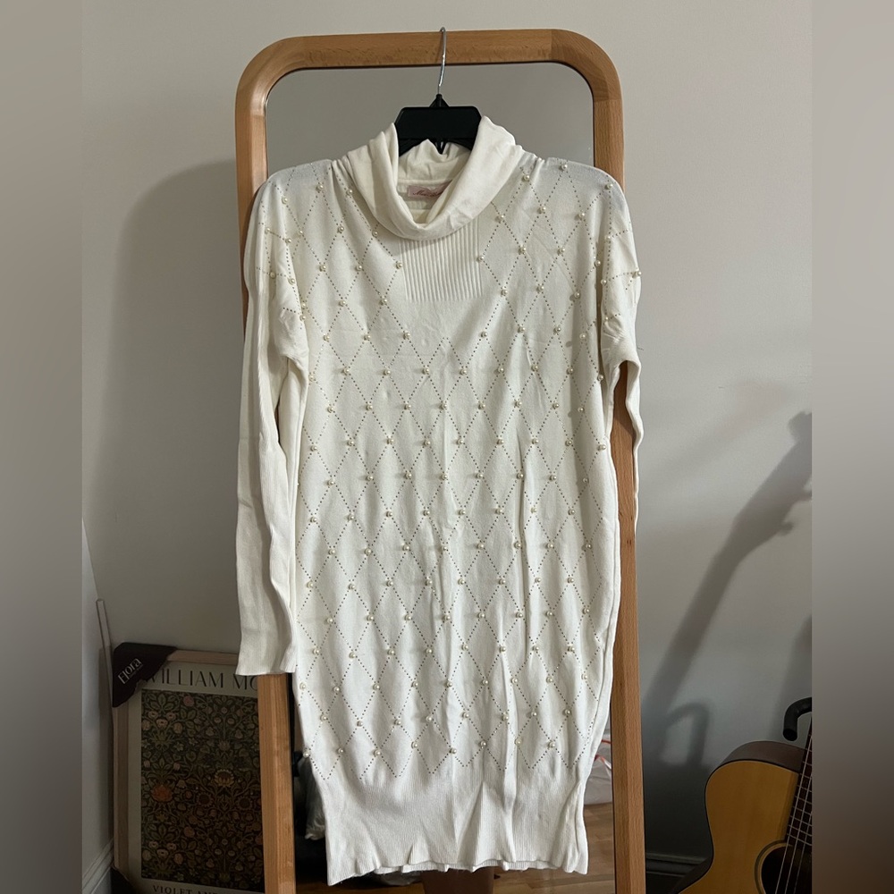 Miss Blumarine Cream Cowl Neck Sweater with Pearl Accents